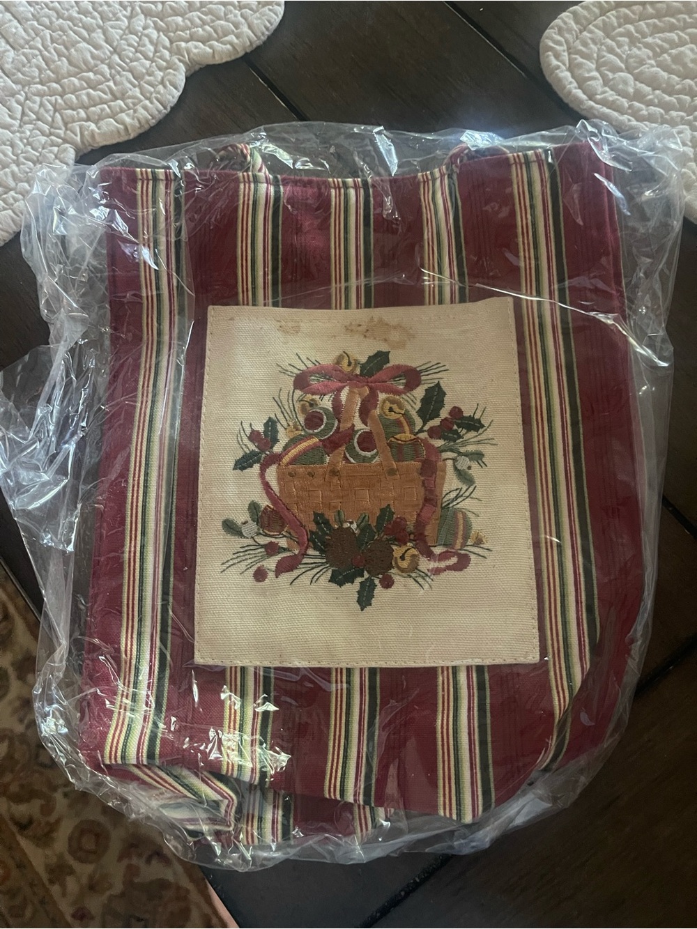 Longerberger Mini Tote Bag in Burgundy Stripe with Embroidered Basket